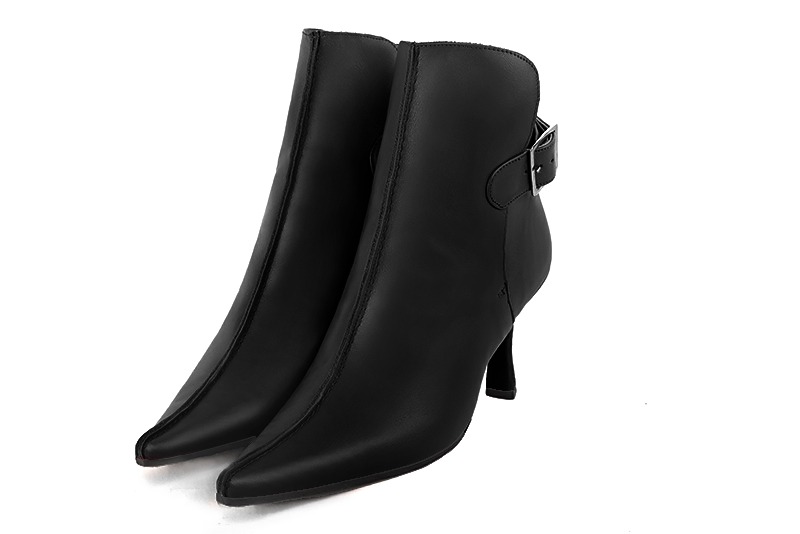 Satin black women's ankle boots with buckles at the back. Pointed toe. High spool heels. Front view - Florence KOOIJMAN